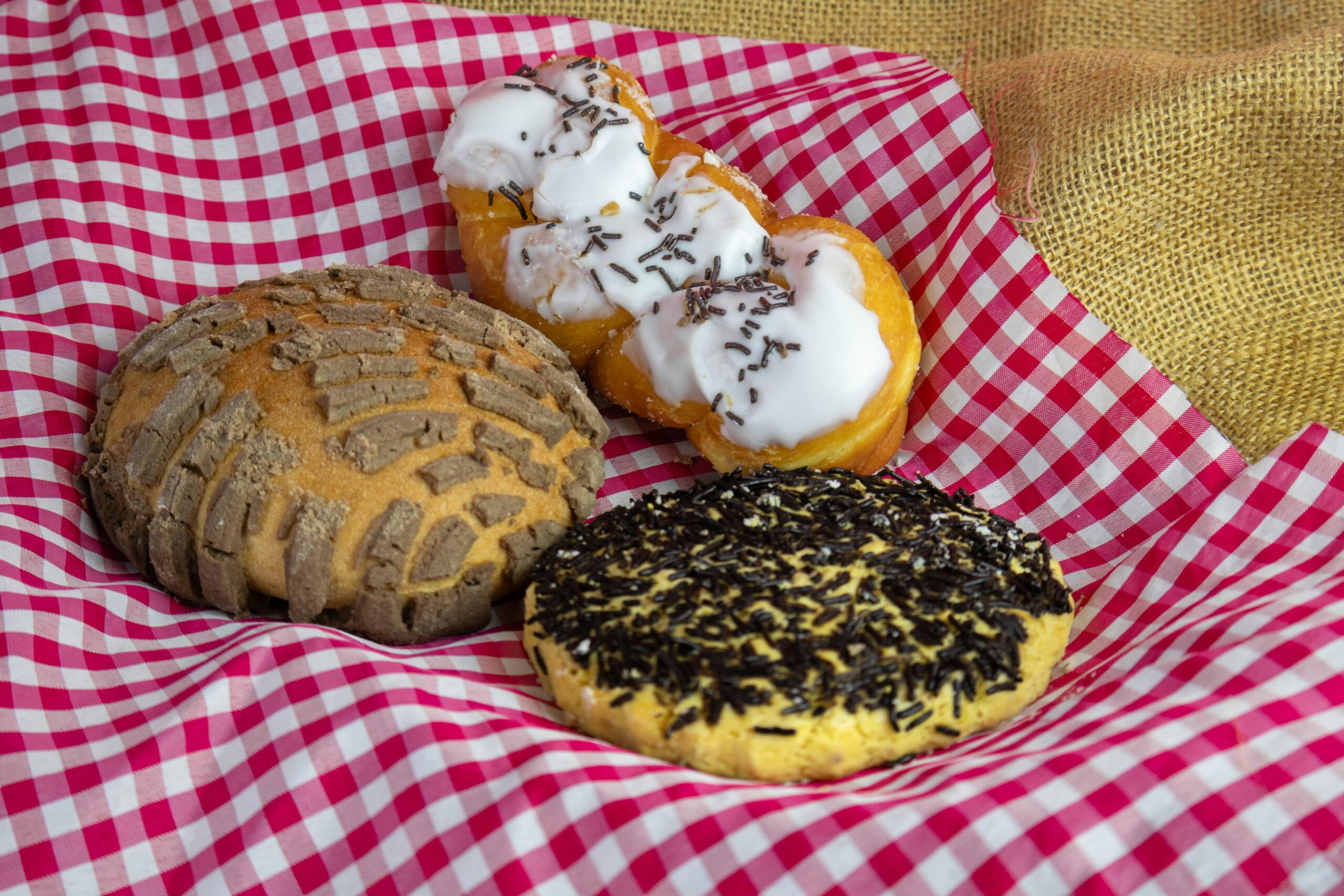 Three assorted Mexican sweetbreads on a red checkered cloth, showcasing concha and other treats.